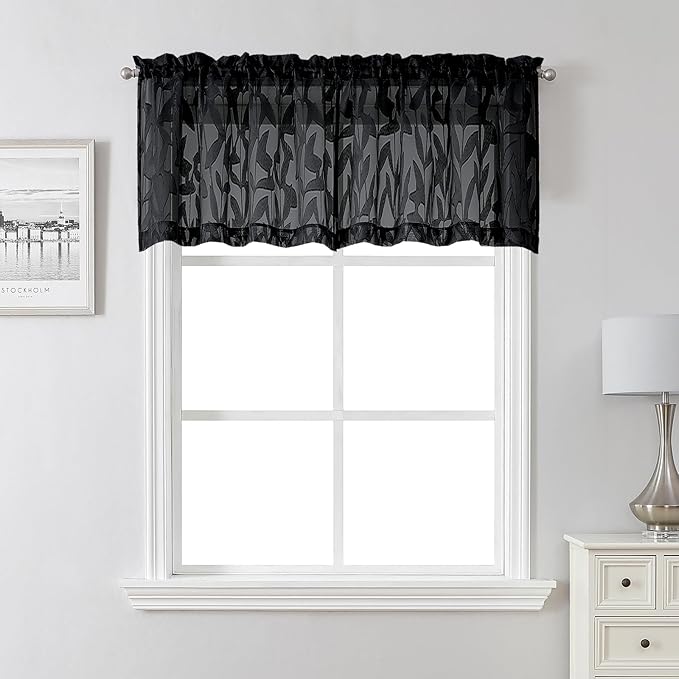 Lecloud Leia Black Sheer Kitchen Curtains 18 Inch Length 2 Pcs, Jacquard Leaf Textured Voile Valances for Windows, Dual Rod Pocket Cafe Curtains for Bathroom Basement, Each Panel 28" W x 18" L