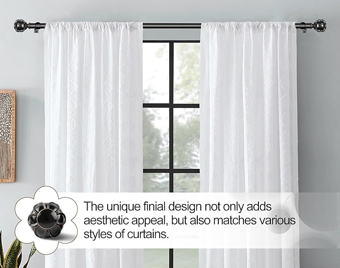 KAMANINA 1 Inch Curtain Rod Telescoping Single Drapery Rod 28 to 48 Inches (2.3-4 Feet), 2 Pack Black Curtain Rods for Windows 16 to 44 Inches, Netted Texture Finials