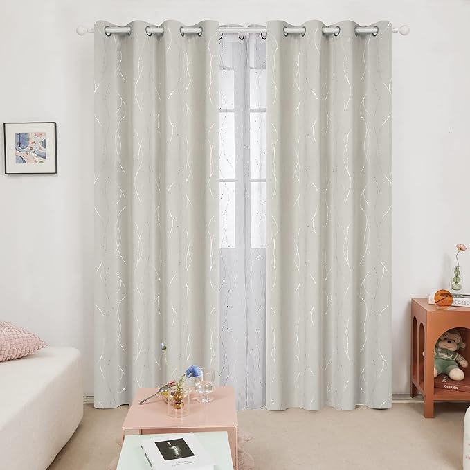 Deconovo Beige Curtains for Living Room, Light Darkening Soundproof Drapes with Wave Dots Silver Print, Farmhouse Boho Curtain, 52 x 84 Inch Long, Set of 2 Window Panels for Bedroom Office Nursery