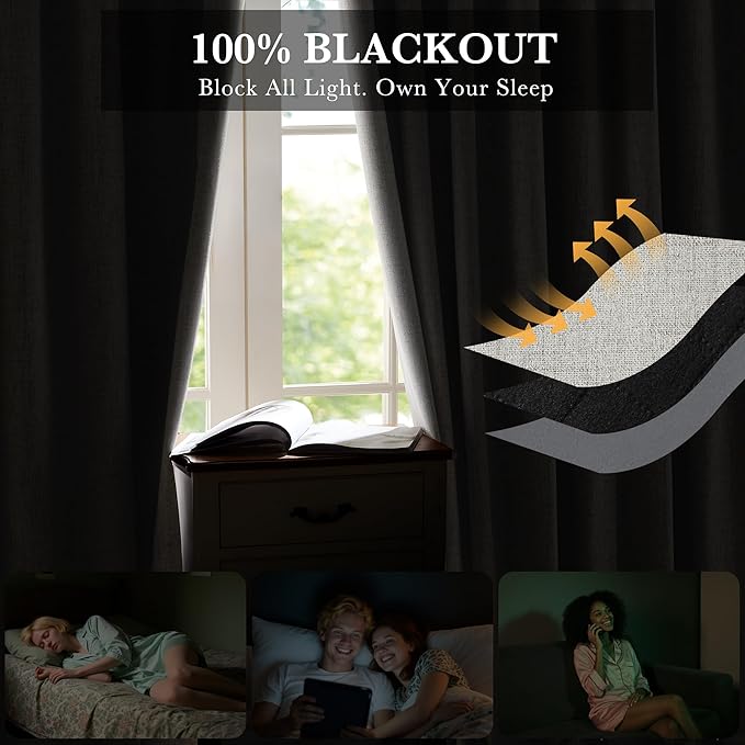 RYB HOME 100% Blackout Cream Curtains, Linen Texture Thermal Insulated Drapes for Bedroom/Living Room/Office/Nuesery, Privacy Farmhouse Full Blackout Window Treatment, W52xL84 Inch Long, 2 Panels