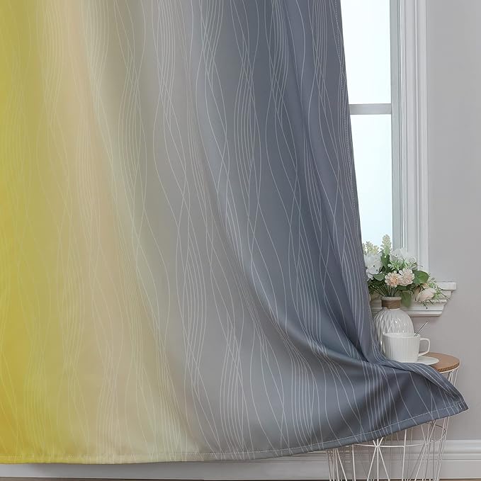 Estelar Textiler Yellow and Grey Blackout Curtains 108 Inches Long, Thermal Insulated Drapes for Bedroom, Full Light Blocking Energy Saving Long Curtains for Living Room, 52Wx108L, 2 Panels
