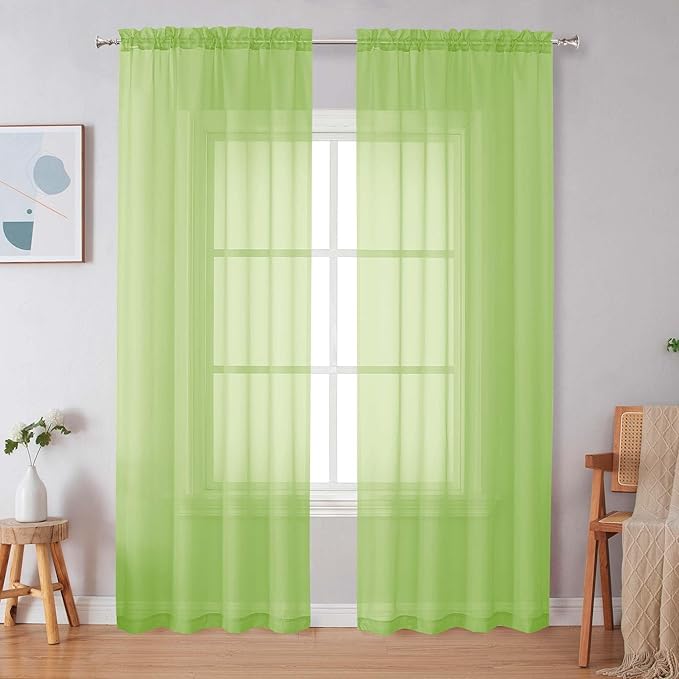Simplebrand Rod Pocket Top Solid Voile Sheer Curtains for Bedroom, 54 Inch Length Drapes Set of 2, Lightweight and Light Filtering Elegant Lime Curtains Panels Window Treatment, 42W×54L, Lime