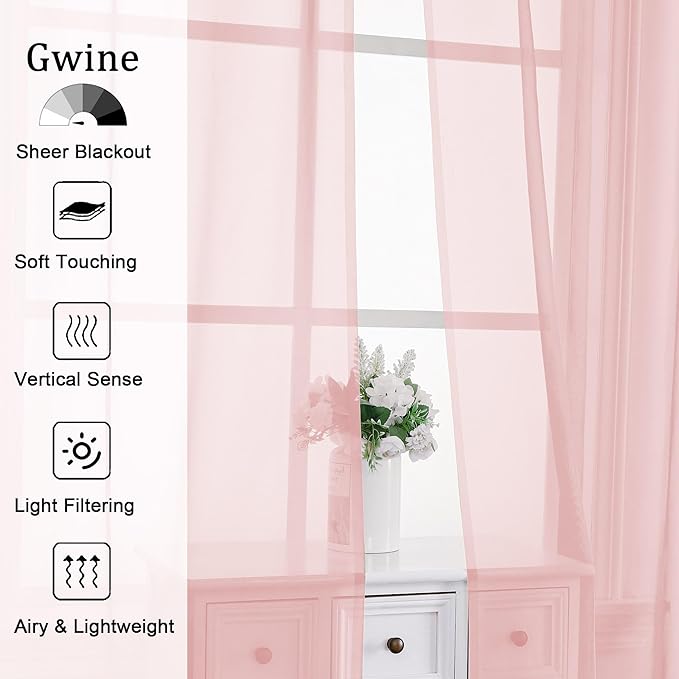Gwine Blush Pink Sheer Curtains for Living Room 45 inches Long, Short Voile Light Filtering Window Treatments Sheer Curtains for Bedroom, Half Window Drapes with Rod Pocket, Each 42" Wx45 L