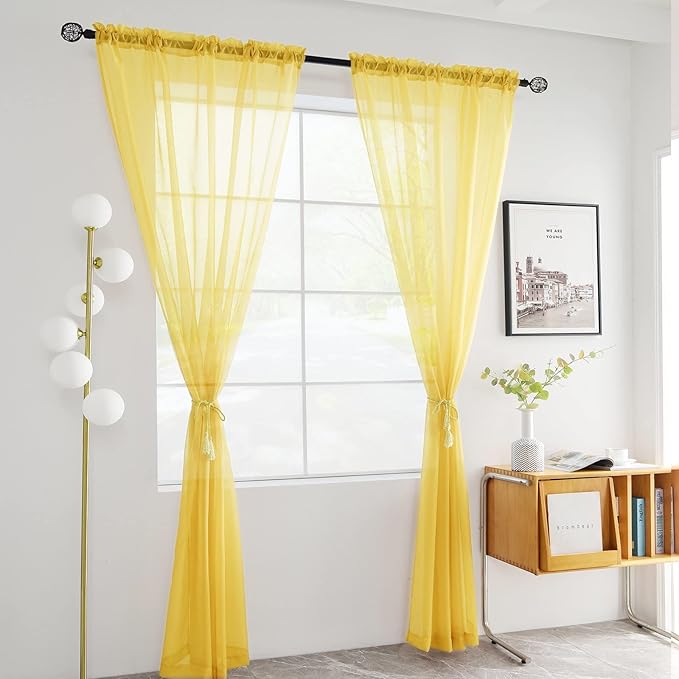 youleyar Solid Sheer Rod Pocket Curtain Voile Draperies 2 Panels White Beige Black Grey Coffee 52 Inch Width 72 Inch Long 1 Pair for Kitchen Bedroom Children Living Room Yard (Yellow,52Wｘ72L)