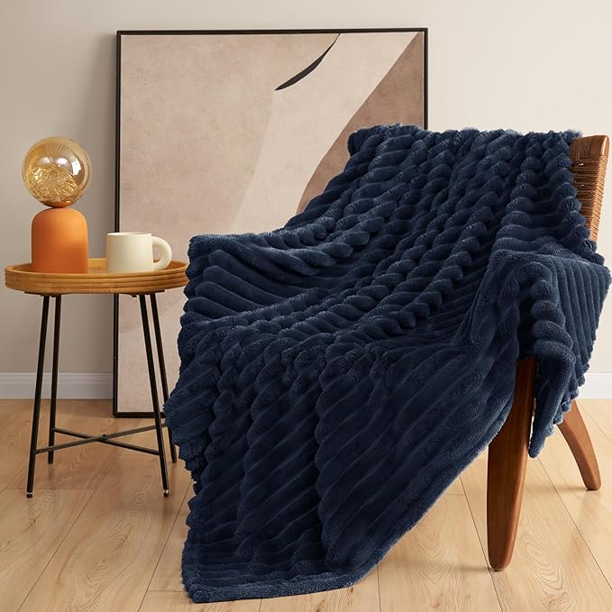 HIMEET Navy Blue Ribbed Queen Size Blanket for Bed - 300GSM Lightweight Fleece Blanket for Men Women, Large Sofa Couch Cover Bed Blankets Gifts, Striped Spring Home Room Decor, Navy Blue, 90x90 Inches