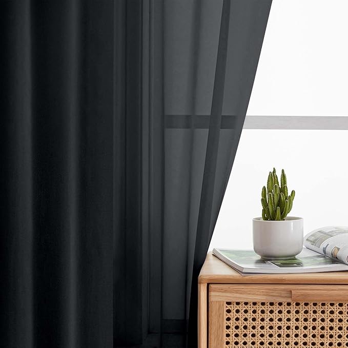 Sheer Black Curtains for Bedroom Living Room 63 Inch Length 2 Panels, Airy Soft Light Filtering Sheer Dining Room Curtains, Modern Rod Pocket Drapes, Black, Each 42" Wx63 L Inches