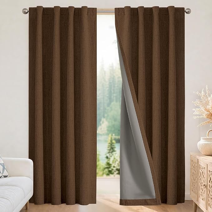 Joydeco Blackout Curtains for Bedroom - 100% Light Blocking 2 Panels Cappuccino Drapes 37" W x 96" L, Thermal Insulated Room Darkening Curtains, Linen Textured for Living Room, Rod Pocket & Back Tabs