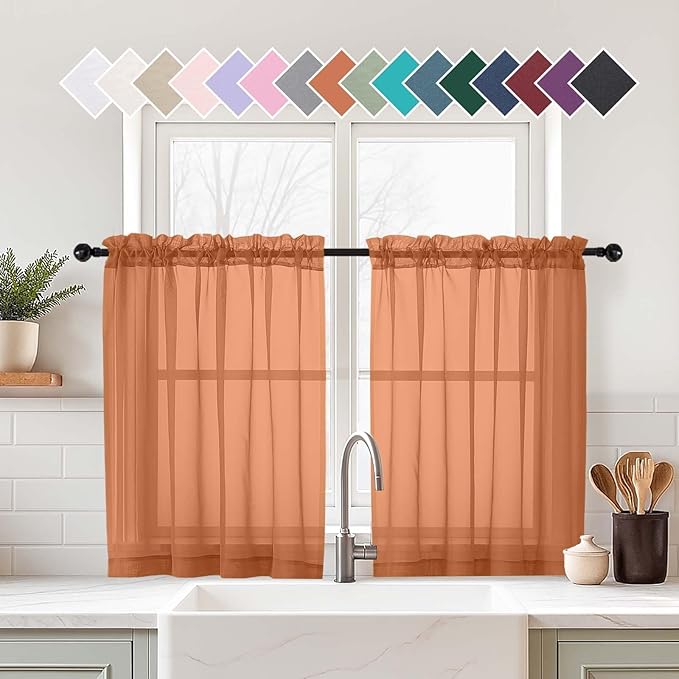 Orange Small Sheer Curtains 2 Panels Set, Kitchen Curtains 36 Inch Length, Elegant Light Filtering Short Window Drapes for Living Room Bedroom, Dual Rod Pocket Design, 2x42Wx36L Inches