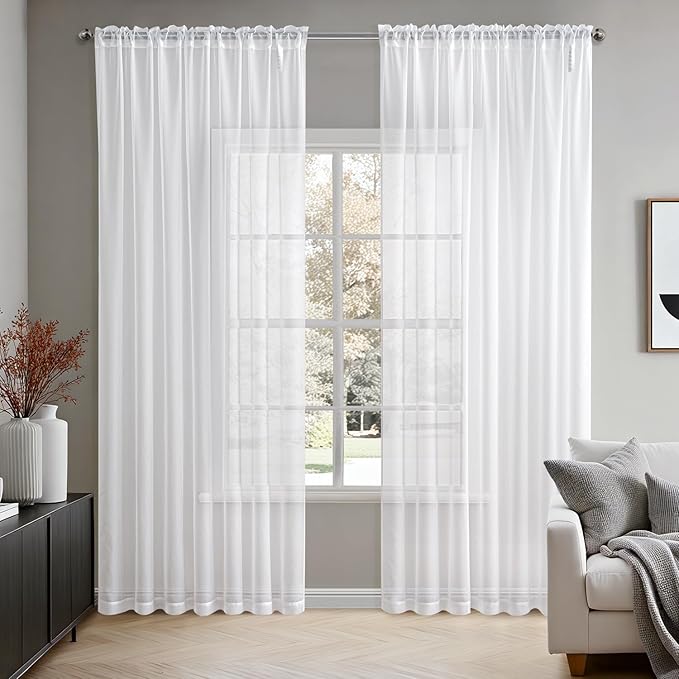 MIULEE 2 Panels Solid Color White Sheer Window Curtains Elegant Window Voile Panels/Draperies/Treatment for Bedroom Living Room (70 X 90 Inches White)