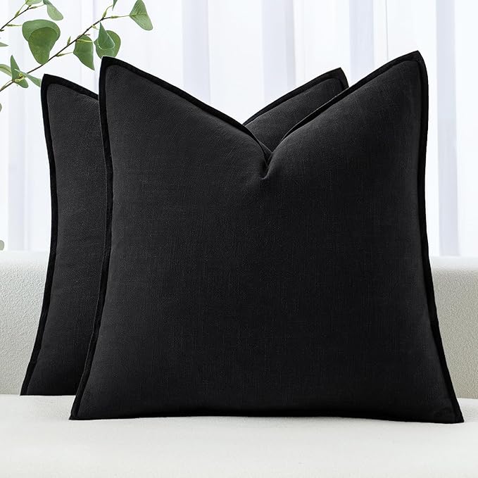 MIULEE Decorative Linen Pillow Covers 18x18 Inch Black Boho Farmhouse Neutral Couch Throw Pillows for Halloween Bed Pack of 2 Accent Modern Pillowcase Sofa Livingroom Home Decor