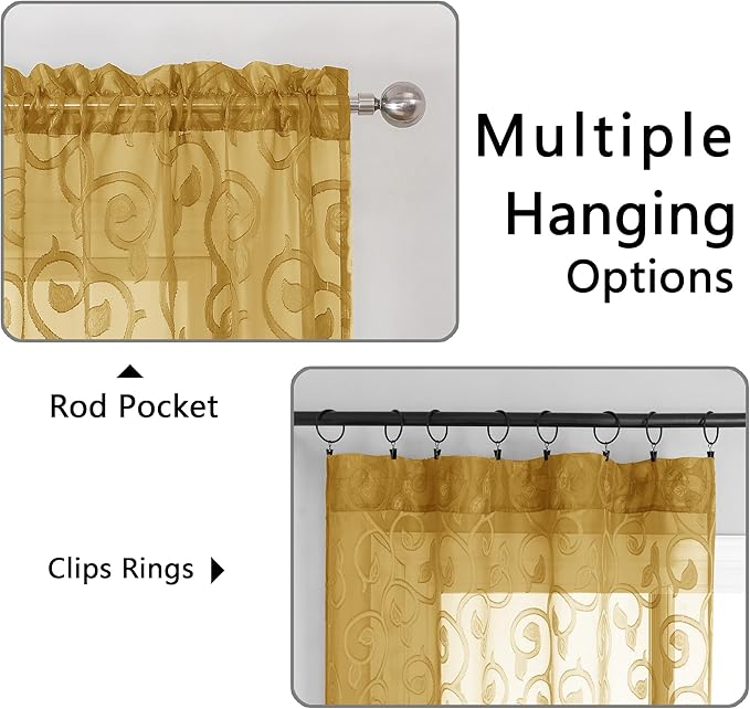 OWENIE Furman Gold Kitchen Curtains Tiers 36 inch Length, Light Filtering Soft Short Cafe Curtains Tier for Living Room Bedroom Small Windows Half Curtain, 2 Pcs, Each 40Wx36L inch