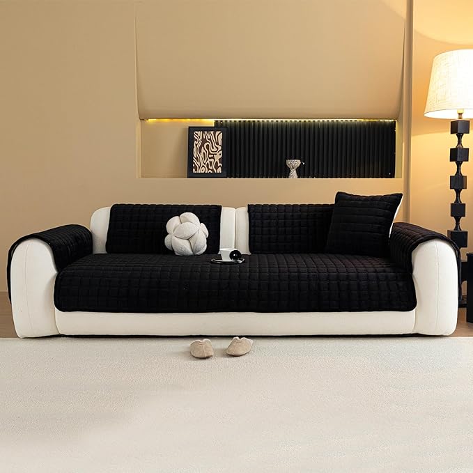 Velvet Couch Cover, Plush Sectional Sofa Cover Washable, Anti Slip Sofa Slipcover for 3-4 Cushions Sofas, Furniture Protector Covers for Pets & Kids(1PC, Black, 35.4"×82.6", 3-4 Seater)