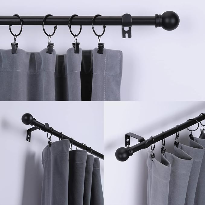 Thestoa Black Curtain Rods 2 pack for Windows 30-62 inch Adjusts Length by Splicing, 5/8" Diameter Matte Black Small Curtain Rods for Bedroom, Living Room, Kitchen, Outdoor, Farmhouse