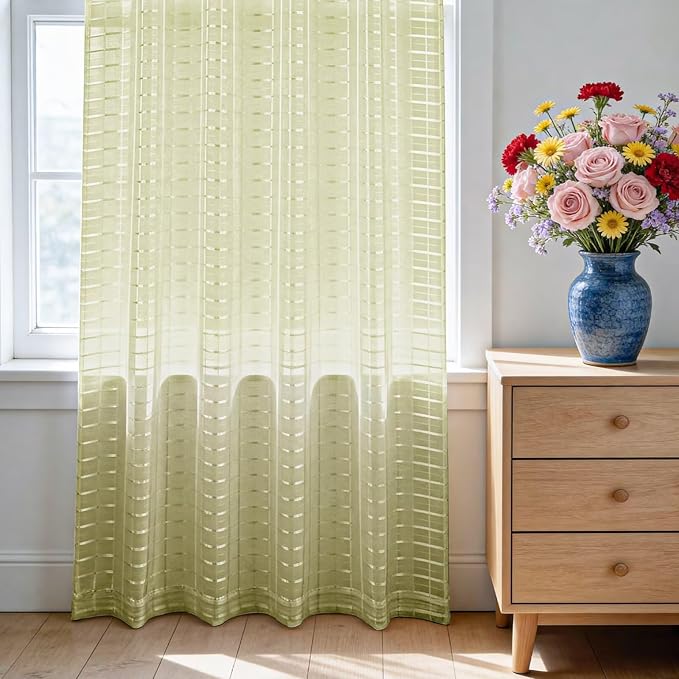 SpaceDresser Check Sheer Curtains 90 Inches 2 Panels Set, Rod Pocket Plaid Window Curtain for Living Room, Sage Green Semi Sheer Drapes for Kitchen Bedroom Children Room Yard（Sage Green, 52W x 90L）