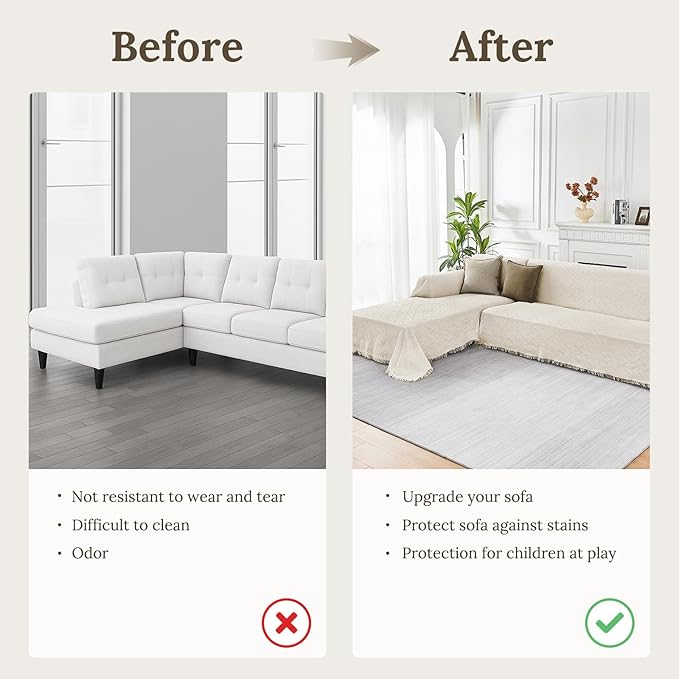 HOMERILLA Sectional Couch Covers for Sectional Sofa L Shaped Sofa Cover Blanket 2 Pieces L Shape Furniture Protector for Pets Dogs(Ivory, Large)