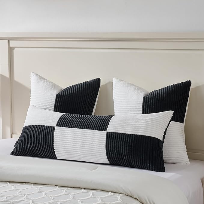 Fancy Homi Set of 2 Black White Decorative Throw Pillow Covers 16x16 Inch for Living Room Couch Bed, Modern Farmhouse Boho Home Decor, Soft Striped Corduroy Textured Square Cushion Case 40x40 cm