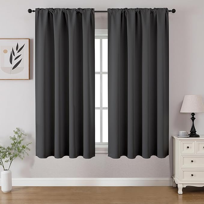 CUCRAF Dark Grey Blackout Curtains 45 inch Length 2 Panels Set, Rod Pocket Room Darkening Drapes for Bedroom Living Room, Insulated Thermal Light Blocking Window Curtain (W52 x L45 Inch)