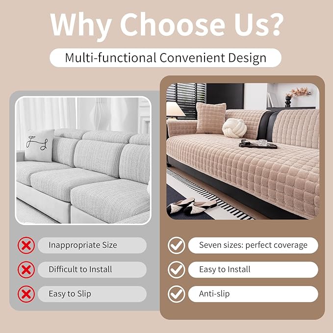 Velvet Couch Cover, Washable Sectional Sofa Cover, Anti Slip Sofa Slipcovers for 3 Cushion Couch Sofa L Shaped Recliner, Furniture Protector Covers for Pets Kids(Khaki, Only 1 PCS)