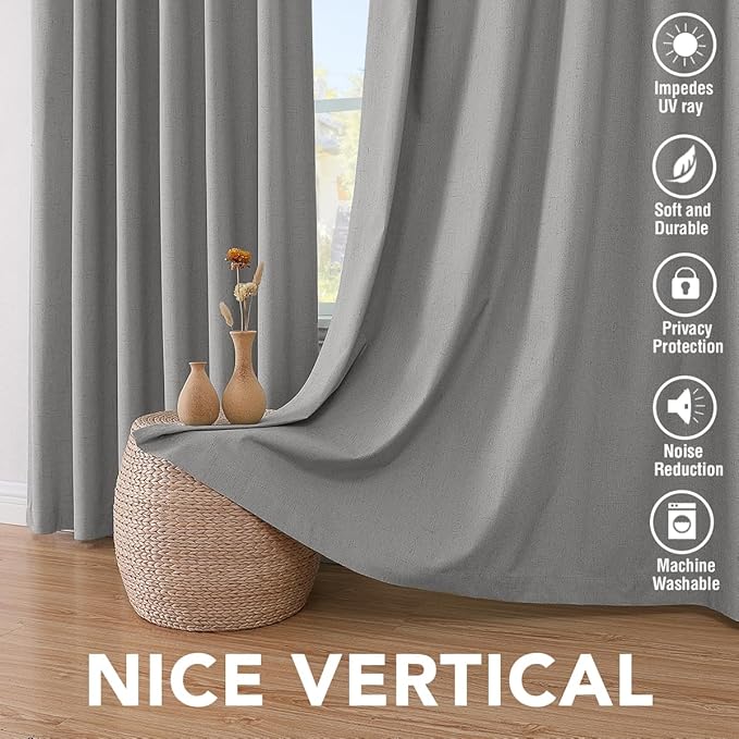 H.VERSAILTEX Primitive Linen Curtains 100% Blackout Curtain Drapes Burlap Curtains with White Thermal Insulated Liner, Grommet Top Drapes Living Room/Bedroom (2 Panels, 42 x 45 Inch, Dove Gray)