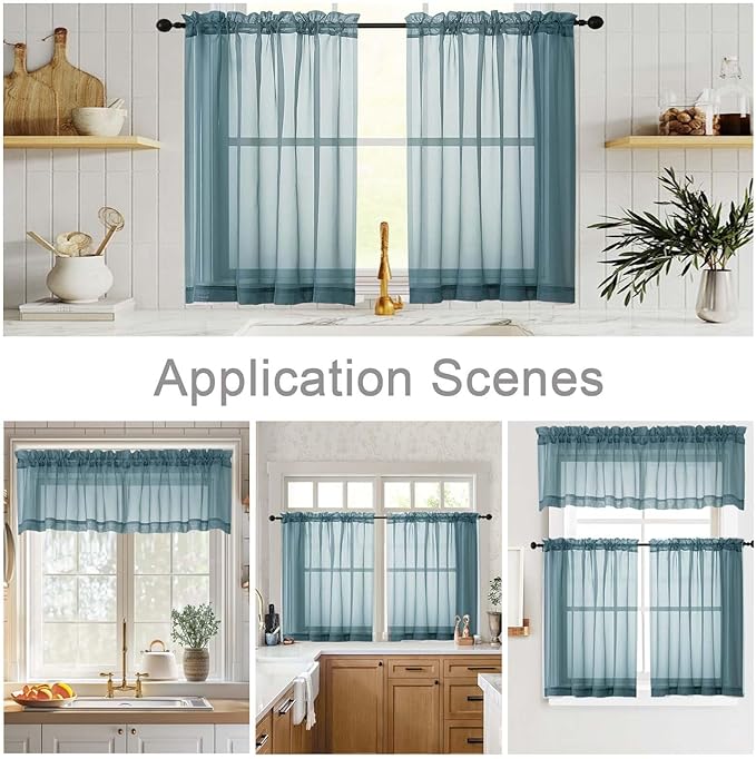 Cafe Curtains 36 Inch Length Tier 2 Pieces, Modern Soft Airy Sheer Kitchen Short Curtains for Small Window, Rod Pocket Small Curtain for Bathroom Basement, Dusty Blue, Each, 42"Wx36"L Inches