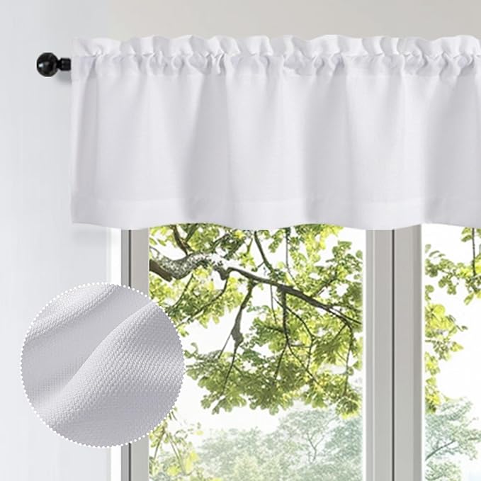 OWENIE Bob 1 PCS White Valances for Windows, Faux Linen Textured Kitchen Window Curtains Valance for Bedroom Living Room, Modern Soft Airy Solid Rod Pocket Bathroom Cafe Curtain, 60Wx24L Inch