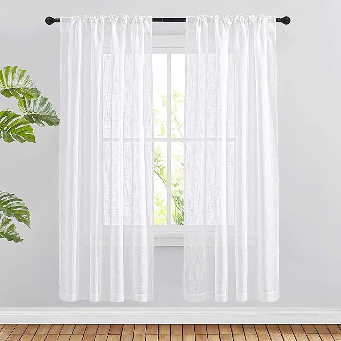 NICETOWN White Faux Linen Semi Sheer Curtains 63 inch Length for Bedroom, Rod Pocket & Back Tab Window Treatments Privacy with Light Filter Farmhouse Sheer Drapes for Living Room, 52" Width, 1 Pair