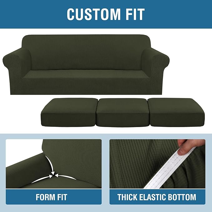 H.VERSAILTEX 4 Piece Stretch Sofa Covers for 3 Cushion Couch Covers for Living Room Furniture Slipcovers (Base Cover Plus 3 Seat Cushion Covers) Thicker Jacquard Fabric (Large Sofa, Olive)