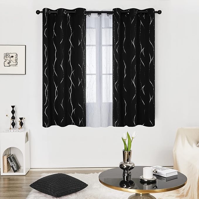 Deconovo Black Out Curtains for Kitchen, 42 x 54 Inch Length 2 Panels Set, Thermal Insulated Soundproof Window Drapes with Silver Print, Grommet Top, Machine Washable Panels for Small Winodw Nursery