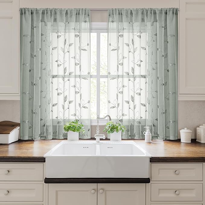 HOMEIDEAS Sage Green Sheer Curtains 52 x 54 Inch Length 2 Panels Embroidered Leaf Pattern Short Curtains for Bedroom Half Small Window Rod Pocket Kitchen