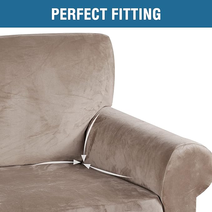 H.VERSAILTEX Stretch Velvet Sofa Covers for 3 Cushion Couch Covers Sofa Slipcovers Furniture Protector Soft with Non Slip Elastic Bottom, Crafted from Thick Comfy Rich Velour (Sofa 72"-90", Taupe)