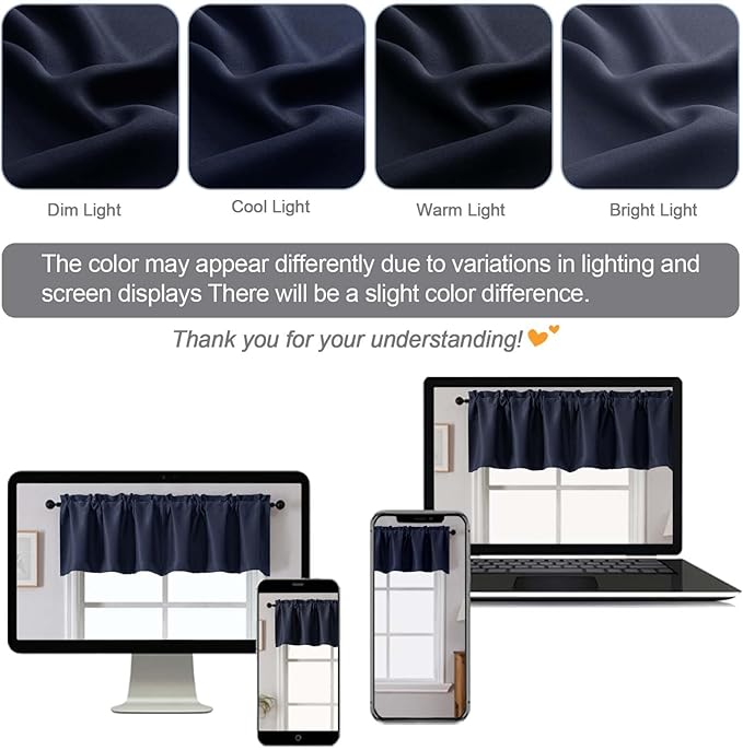 Chyhomenyc Navy Blue Valances for Window, Room Darkening Short Curtains for Kitchen Bedroom Living Room, Rod Pocket Top Small Window Treatment Valance RV Bunk Panels, 40" Wx14 L, 2 Pieces