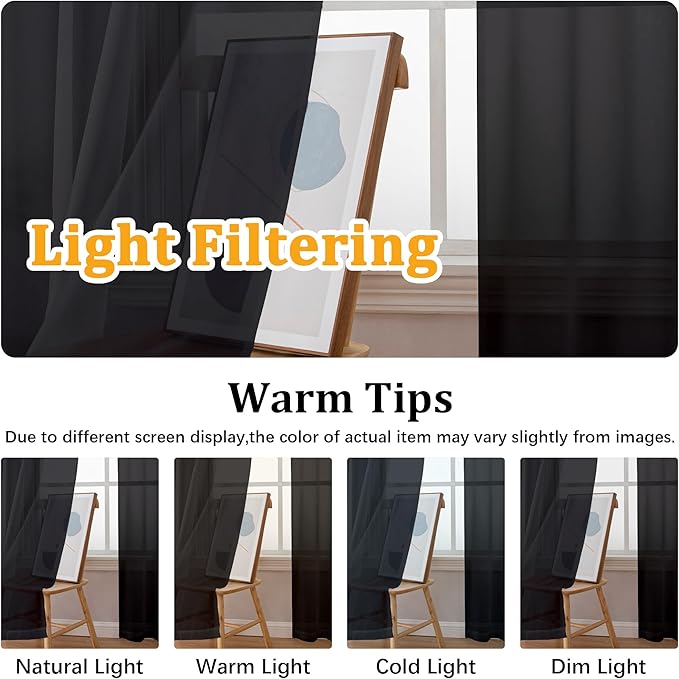 Gwine Black Sheer Curtains 30 Inch Length, Short Light Filtering Voile Small Cafe Kitchen Curtains with Rod Pocket, Short Curtain for Bathroom Window, 42x30 Inch, 2PCS