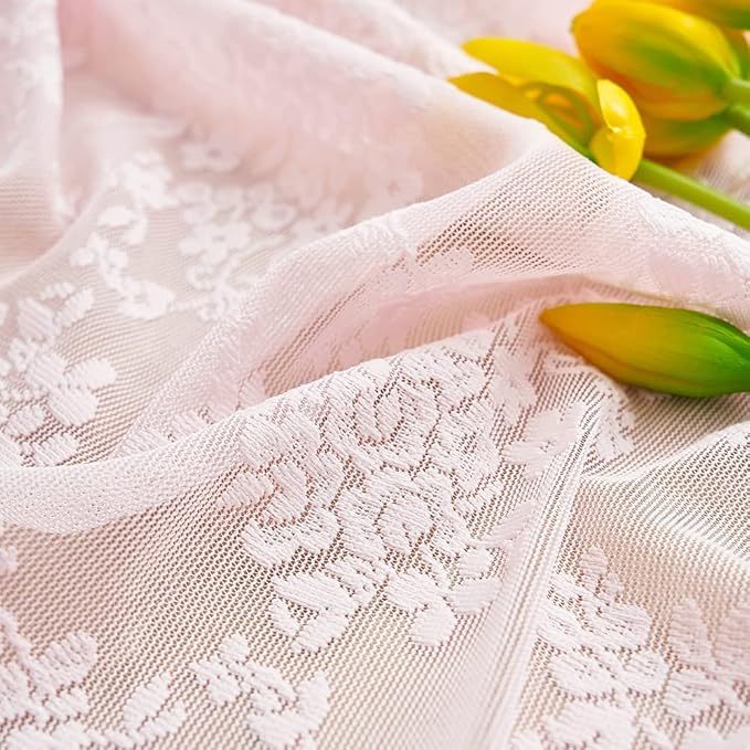 YJ YANJUN Vintage Lace Curtains 63 Inches Length- Cute Sheer Pink Curtains for Girls Bedroom Light Pink Floral Short Window Drapes Princess Girls Room Coquette Decor 2 Panels 52 x63 Inch