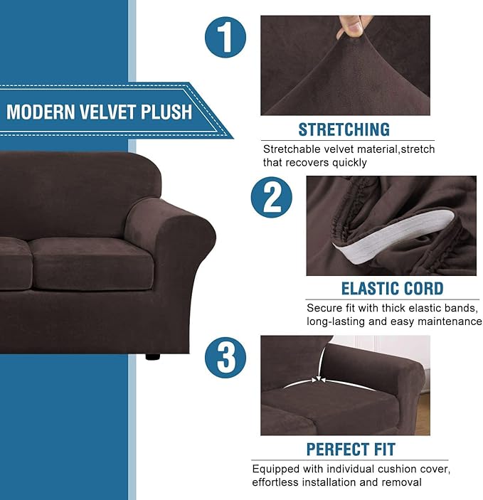 H.VERSAILTEX Real Velvet Plush 3 Piece Stretch Sofa Covers Couch Covers for 2 Cushion Couch Sofa Slipcovers Width Up to 90 Inch Feature Thick Soft Stay in Place (Large Sofa, Brown)