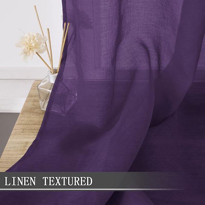 Tollpiz Sheer Curtains Linen Textured Bedroom Curtain Sheers Light Filtering Rod Pocket Voile Curtains for Living Room, 54 x 63 inches Long, Royal Purple, Set of 2 Panels