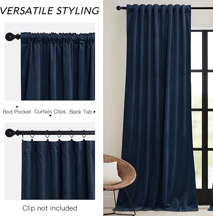 RYB HOME Navy Velvet Curtains 96 inches- Velevt Blackout Curtains for Bedroom, Thermal Insulated Noise Reducing Panels Soft Luxury Window Decor, Navy Blue, W52 x L96 inches, 2 Panels