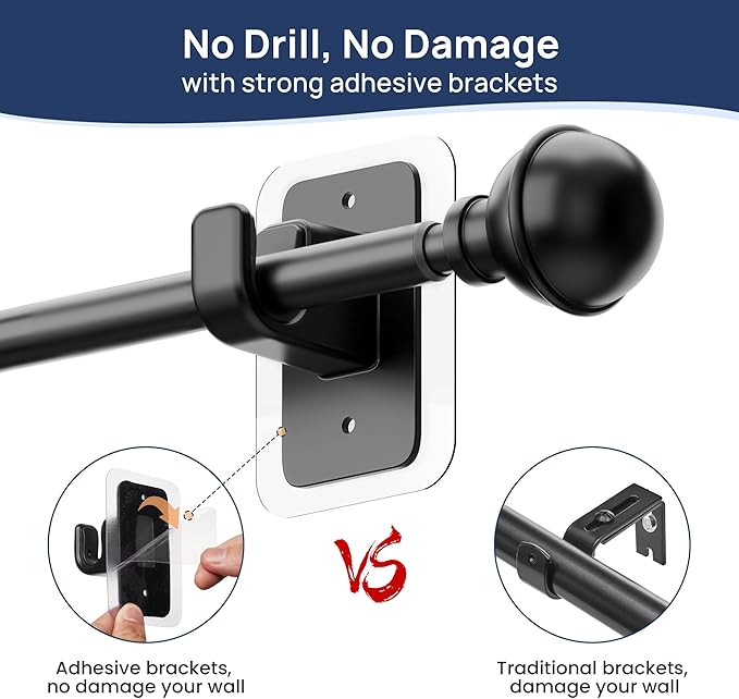 ENJOYBASICS No Drill Curtain Rods for Window 48 to 84 Inches, 5/8 Inch Diameter Renter Friendly Drapery Rod with Adhesive Brackets without Drilling, Adjustable from 27 to 90 Inches, Black