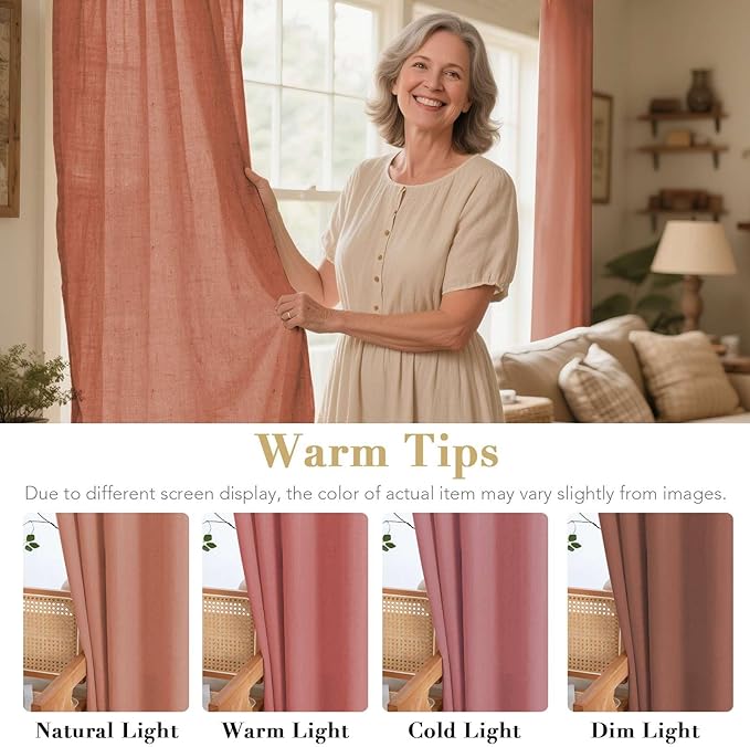 H.VERSAILTEX Linen Curtains Home Decorative Nickel Grommet Curtains Privacy Added Energy Saving Light Filtering Semi Sheer Window Treatments Draperies for Bedroom, Terracotta, 2 Panels, 52 x 54 - Inch