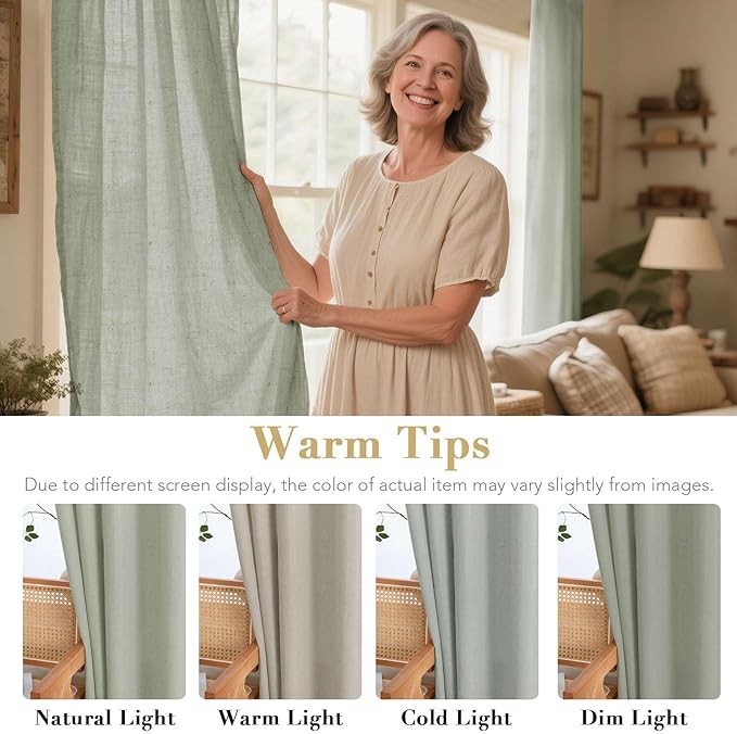 H.VERSAILTEX Living Room Linen Curtains - Semi Sheer, Nickel Grommet, Energy Saving Light Filtering Panels for Bedroom, Sea Grass, 2 Panels, 52 x 72 Inch