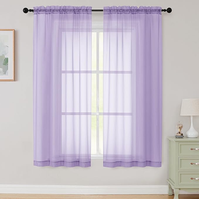 Sheer Lavender Curtains for Bedroom Living Room 63 Inch Length 2 Panels, Airy Soft Light Filtering Sheer Dining Room Curtains, Modern Rod Pocket Drapes, Lavender, Each 42" Wx63 L Inches