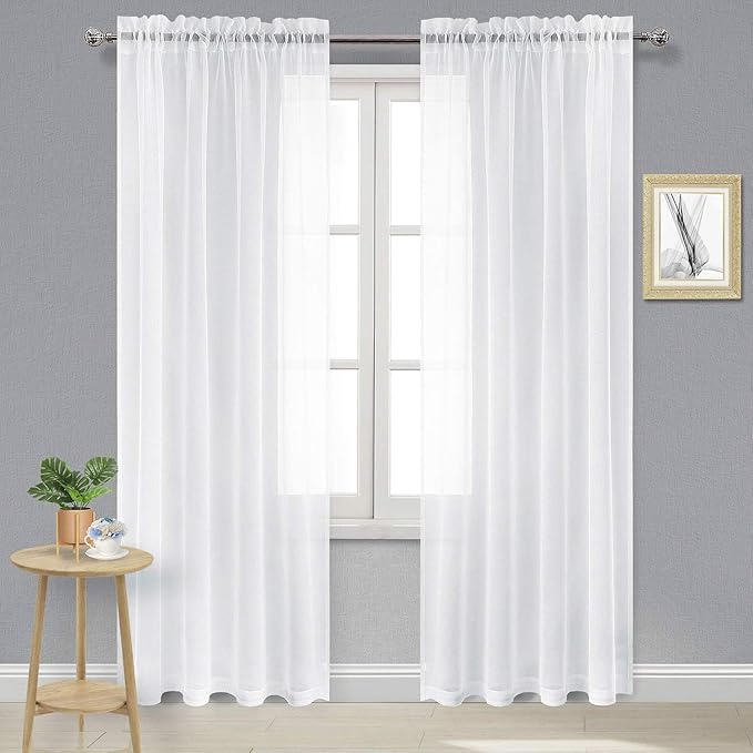 DWCN White Sheer Curtains 102 inches Long, Elegant Living Room Voile Window Curtain Panels, Rod Pocket Solid Color Window Treatments for Patio/Sliding Door/Wedding, 2pcs, Each W52 x L102