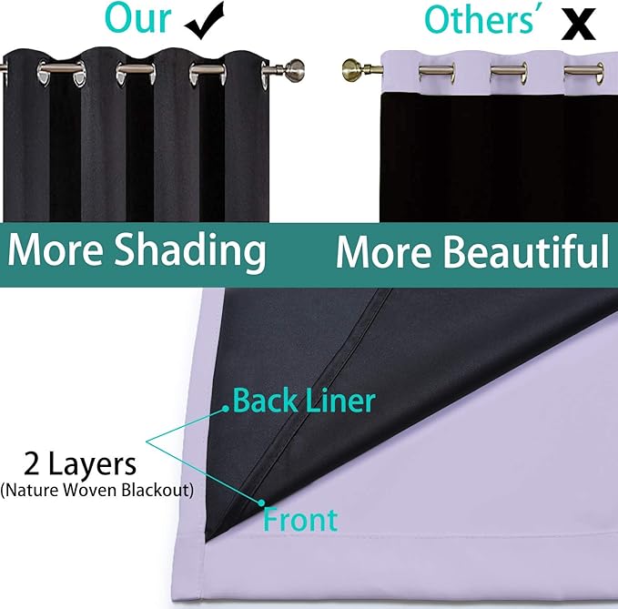 Yakamok 100% Blackout Curtains 54 Inches Long, 2 Thick Layers Thermal Insulated Window Treatment with Black Liner, Heat and Full Light Blocking Drapes for Bedroom(52Wx54L, Lilac, 2 Panels)