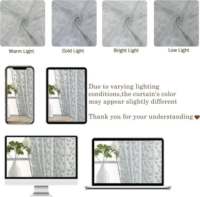 Chyhomenyc Light Grey Short Curtains 45 Inch Length 2 Panels, Light Filtering Leaf Textured Window Curtain Panels for Bedroom Living Room, Elegant Rod Pocket Farmhouse Curtains, 30" Wx45 L, 2 PCS