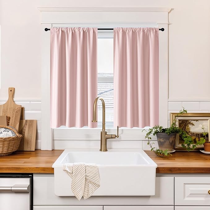 RYB HOME 100% Blackout Short Curtains for Small Window, Thermal Insulated Total Room Darkening Noise Reducing Curtains for Kitchen Bathroom Basement, 42 inches Wide by 45 inches Long, Baby Pink