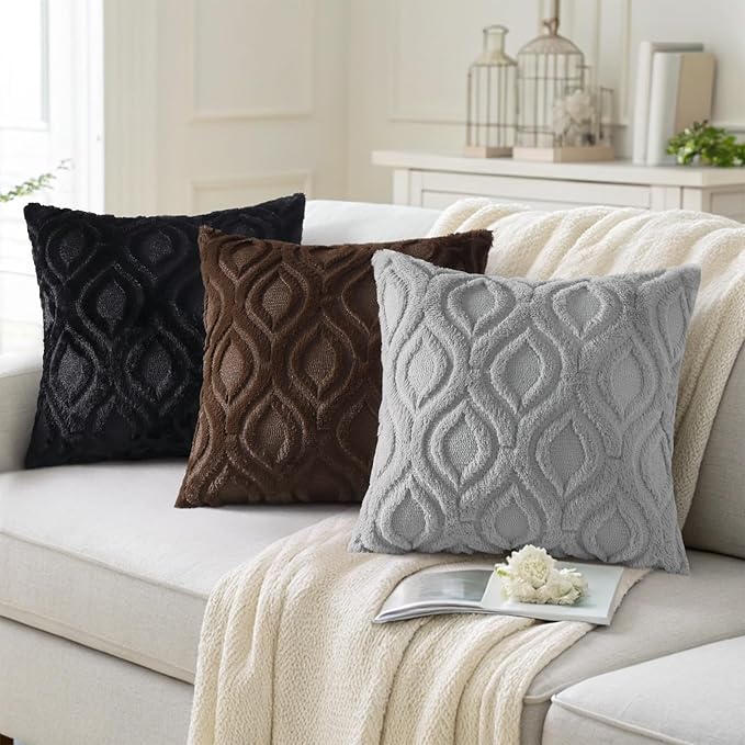decorUhome Throw Pillow Covers 20x20 Inch Set of 2, Soft Plush Faux Wool Black Solid Couch Pillow Covers, Accent Farmhouse Neutral Square Pillow Cases for Sofa Bed Living Room