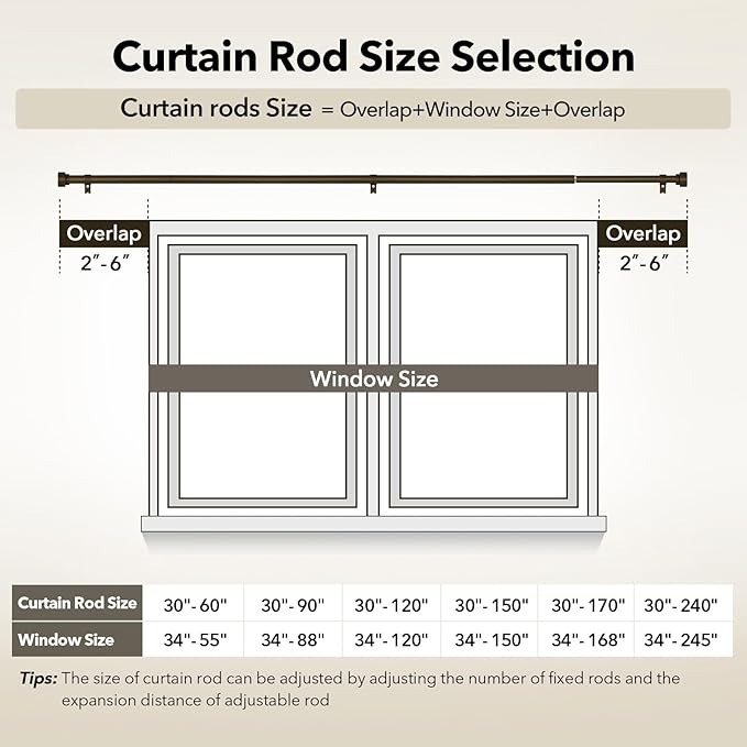 IFELS Heavy Duty Curtain Rods for Windows 72 to 144 Inch, 1 Inch Bronze Curtain Rods Set of 2 Pack for Outdoor Patio, Farmhouse, Bedroom, Adjustable Easy Install Modern Drapery Rod (Bronze,30-150-2p)