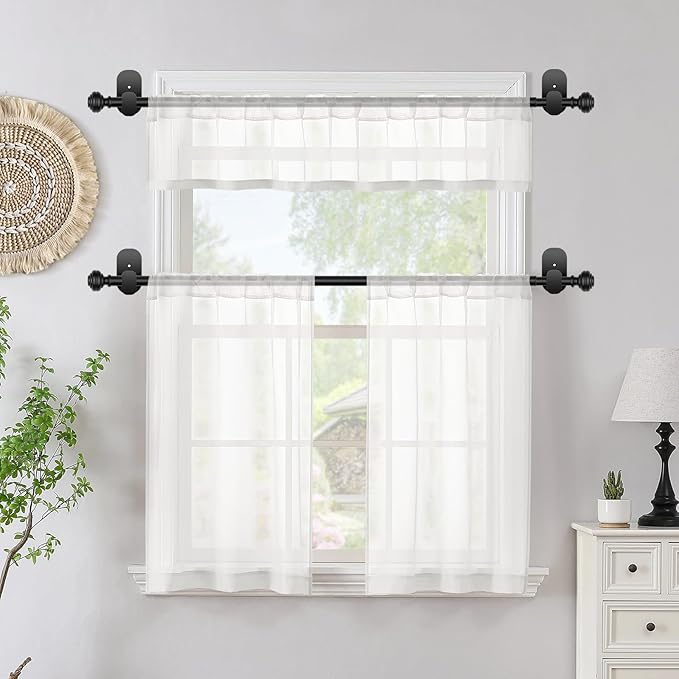 KAMANINA Curtain Rods No Drilling for Windows 16 to 30 Inches, 5/8 Inch Adjustable Small Curtain Rod 2 Pack No Screw with 3M Adhesive Brackets without Drilling, Black