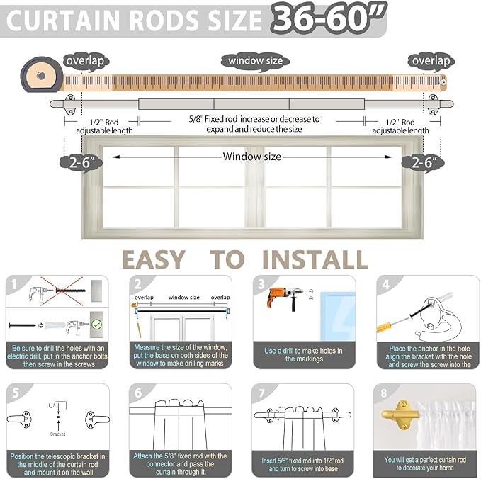 TVWOO Gold Wrap Around Curtain Rods:5/8" Small Blackout Adjustable Window Curtain Rod for Bedroom Kitchen Apartment Renter Friendly,Room Darkening Curved Drapery Rods Easy Install,Brass Golden 28-60"
