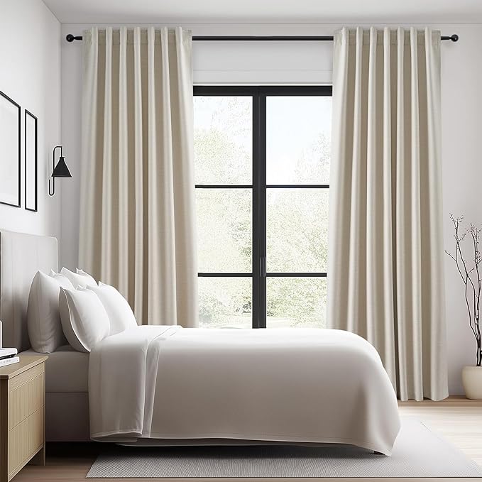 Topfinel Cream Linen Blackout Curtains 102 Inch Length 2 Panels Set for Living Room Bedroom Back Tab Thermal Insulated 100% Black Out Linen Drapes Room Darkening Cabin Curtains Beige