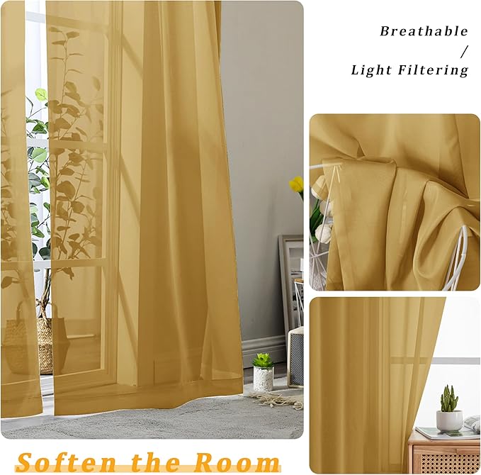 Gwine Gold Sheer Curtains 63 Inch Length for Living Room 2 Panels, Light Filtering Rod Pocket Window Curtain Treatment for Bedroom, Voile Elegant Sheer Drapes，Each 42" Wx63 L, Gold